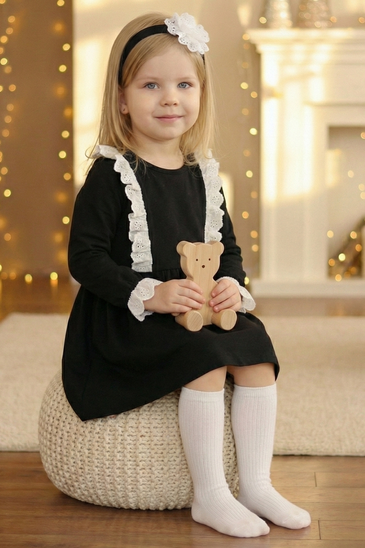 Parla Kids Kız Çocuk Elena Siyah Uzun Kollu Bisiklet Yaka Fisto Dantel Detaylı Elbise Saç Bandı Takım fotoğrafı 5 (önizleme)