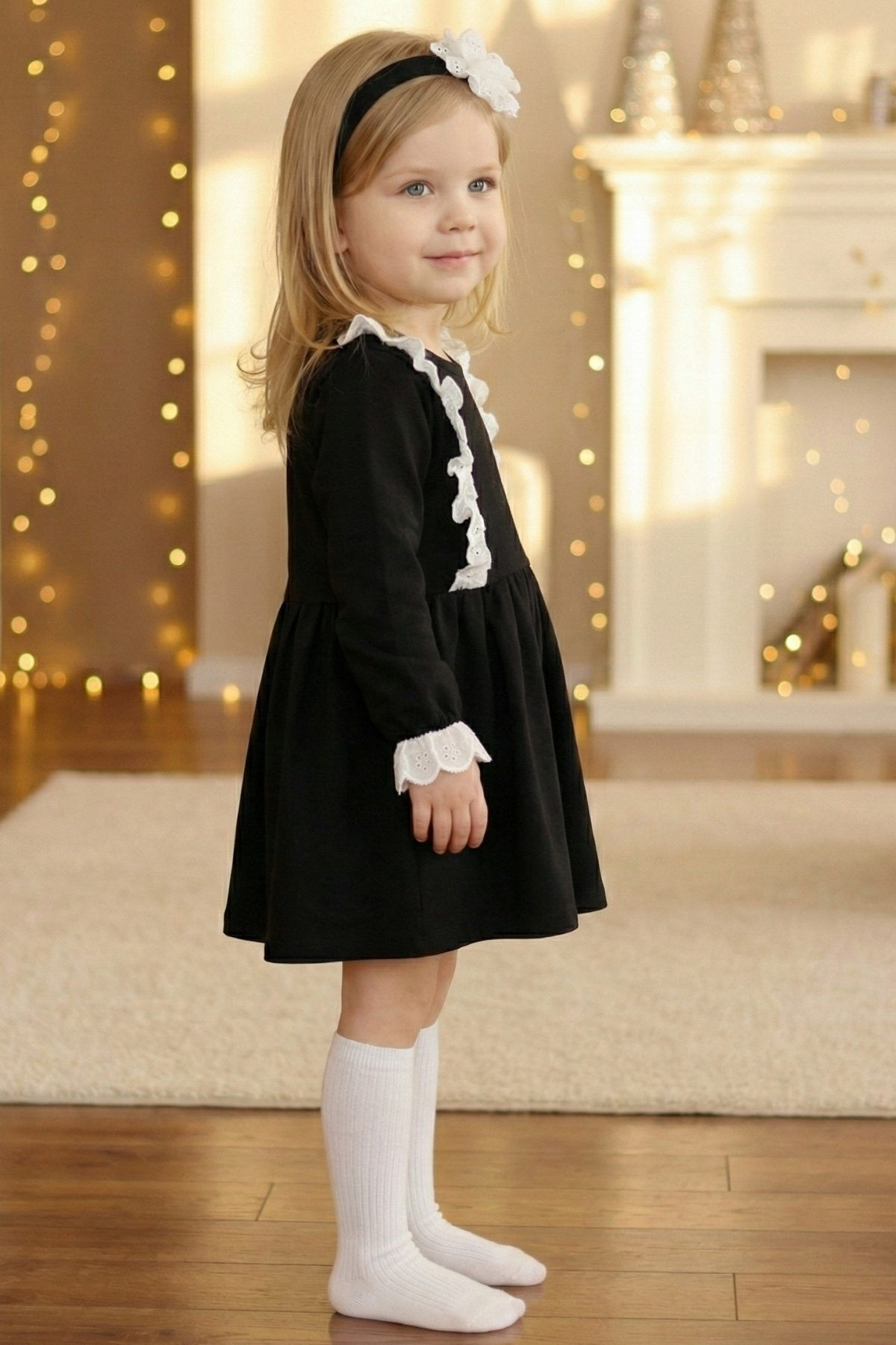 Parla Kids Kız Çocuk Elena Siyah Uzun Kollu Bisiklet Yaka Fisto Dantel Detaylı Elbise Saç Bandı Takım fotoğrafı 2 (önizleme)
