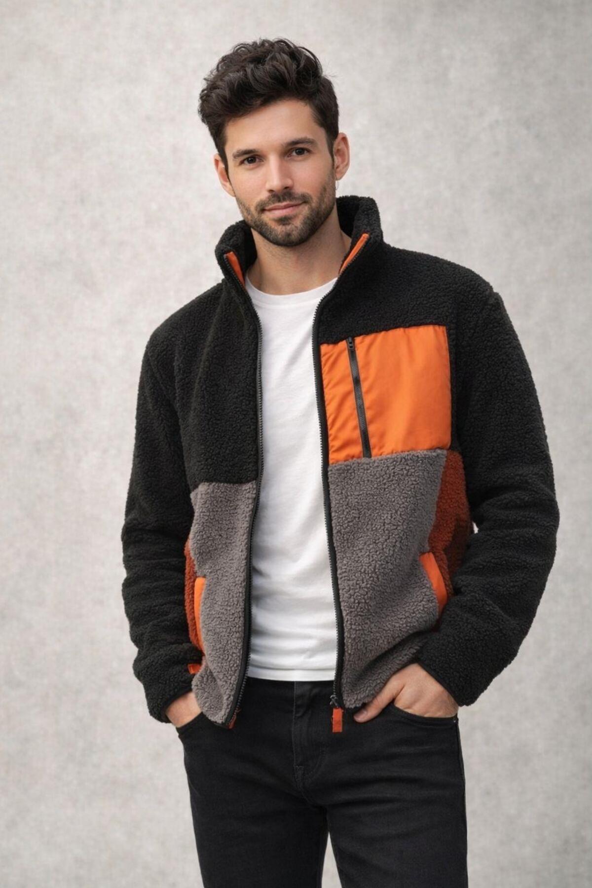 Polo State  Erkek Fermuarlı Dik Yaka Parçalı Polar Ceket Siyah