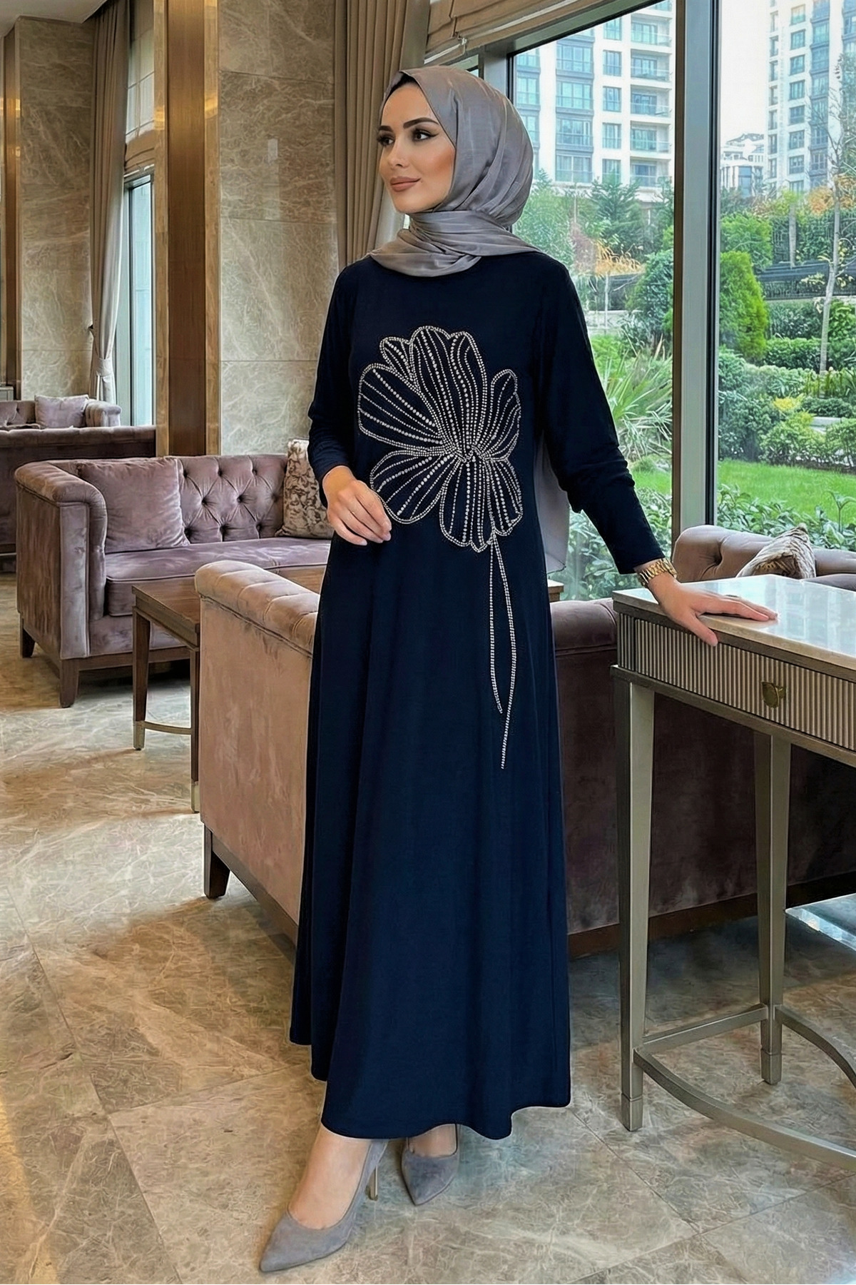 modamira  Kadın Sandy Lacivert Nursema Taş Detaylı Büyük Beden Tesettür Abiye Elbise - Görsel 4