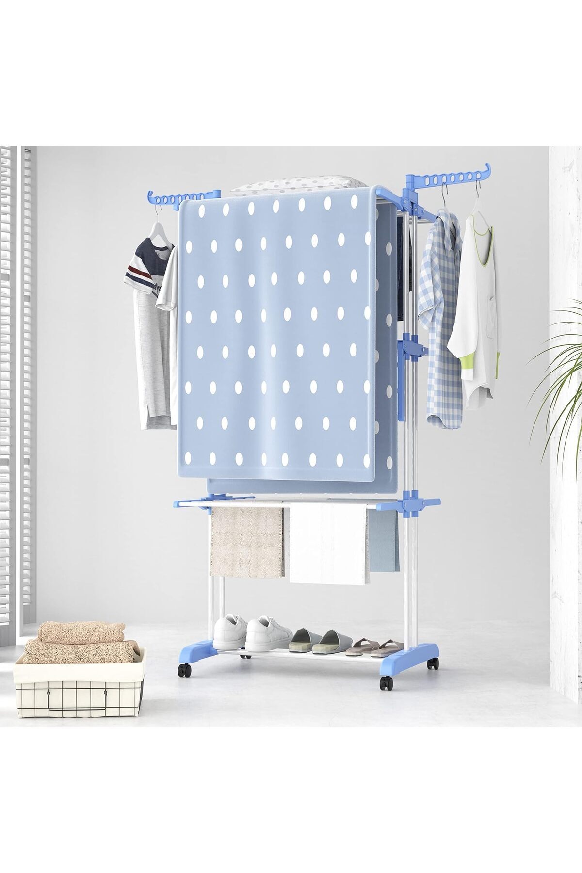 رف تجفيف الملابس القابل للطي مع 4 طبقات قابلة للتعديل من الفولاذ المقاوم للصدأ - منشر ملابس ثلاثي