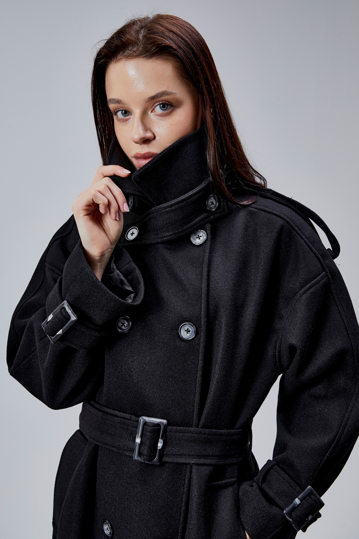 Bolivente  Kuşaklı Oversize Kaşe Kaban - Görsel 6