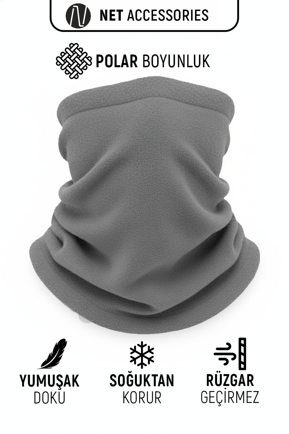 Net Tekstil Gri Renk Termal Polar Soğuk Geçirmez Boyunluk Unisex Pamuklu Kışlık Ayarlanabilir İpli