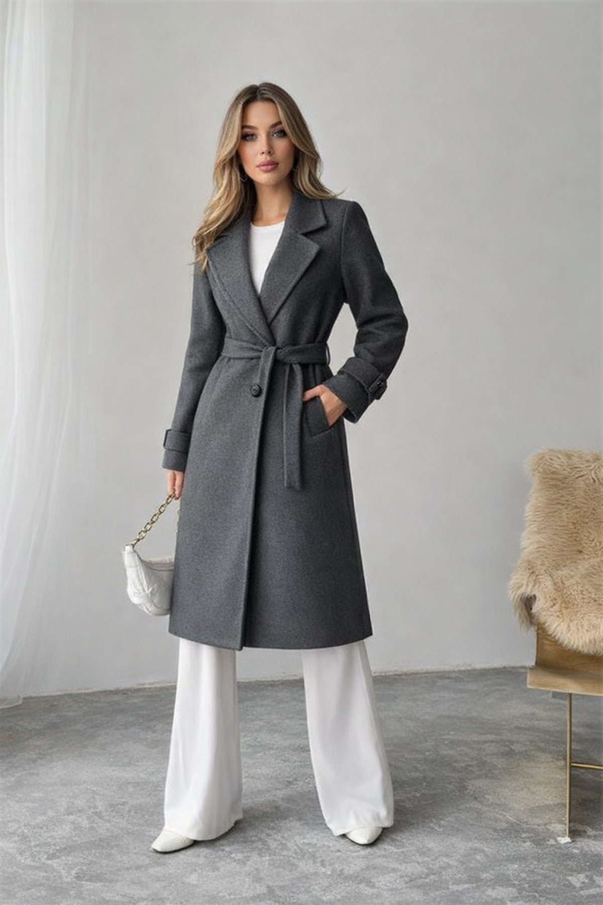 Neşeli Butik  kadın antrasit astarlı kuşaklı kaşe kaban NBG048 - Görsel 2