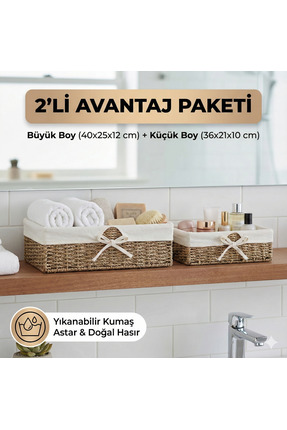 CasaLinda 2'li Avantaj Paketi: Kumaş Astarlı Hasır Sepet Seti - Banyo Havlulu...