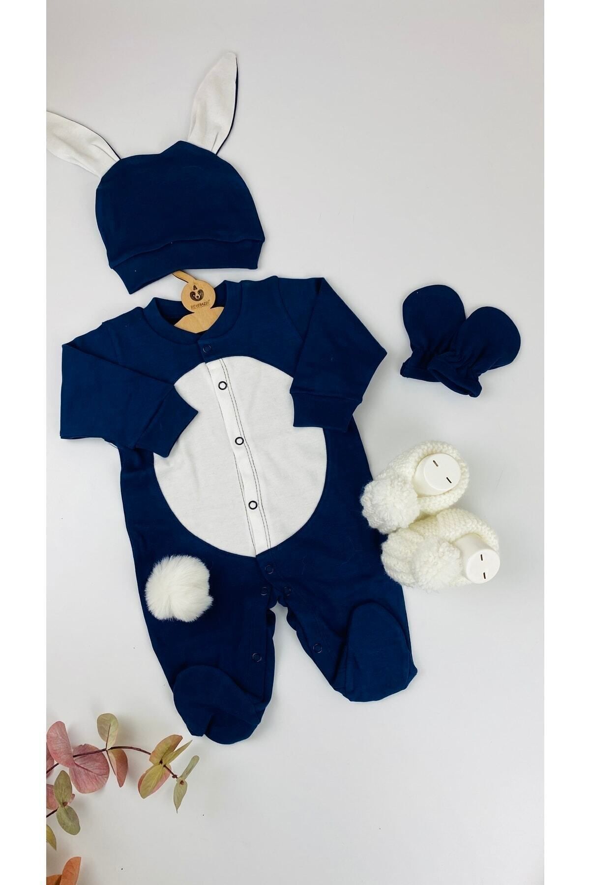 BEBERAZZİ Lacivert Patikli Tavşan Temalı Ponponlu Bebek Hastane Çıkışı Yenidoğan Tulum Eldiven Şapka Patik Set fotoğrafı 2 (önizleme)