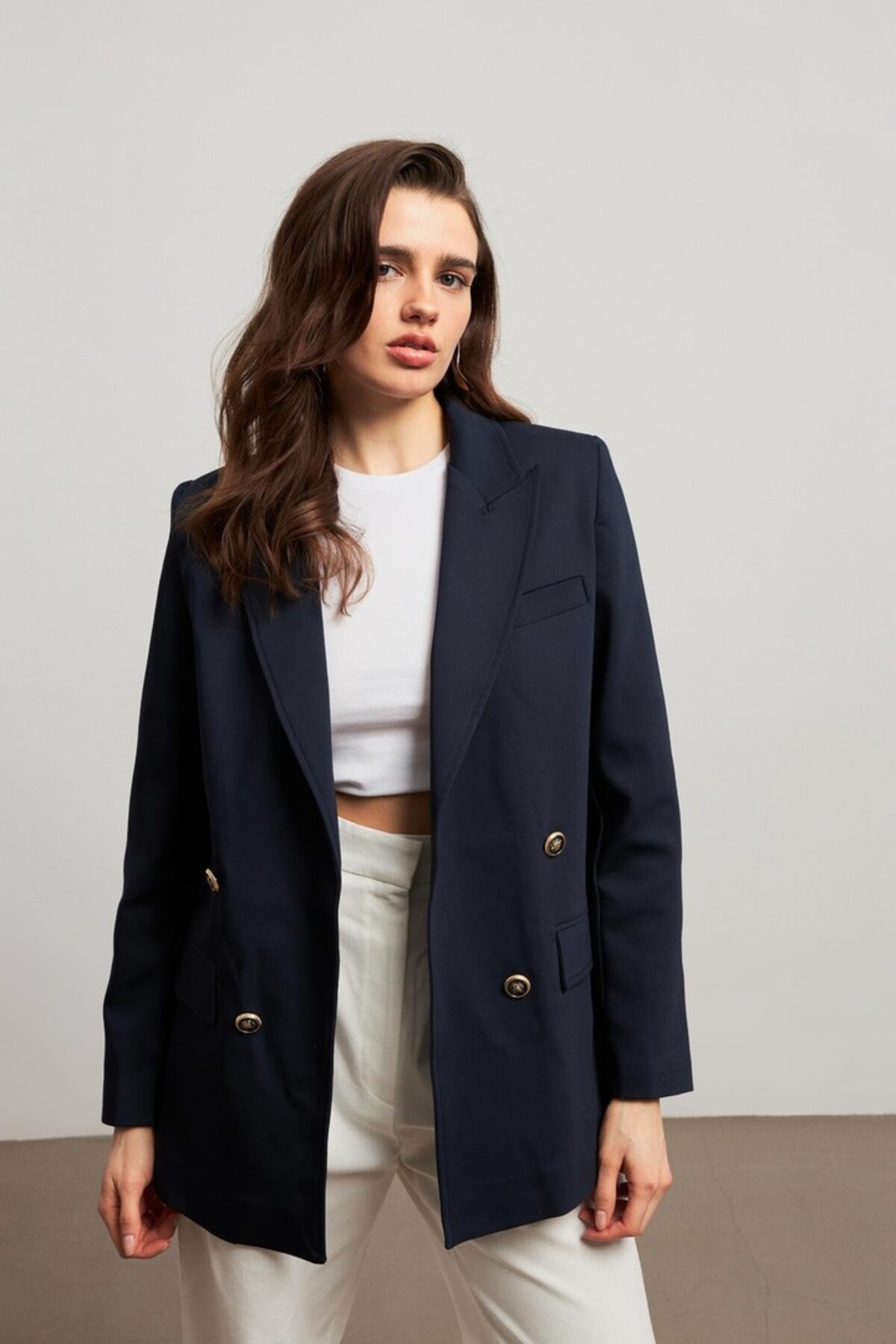 YOUR NAME  Kruvaze Yaka Lacivert Kadın Blazer Ceket - Görsel 4