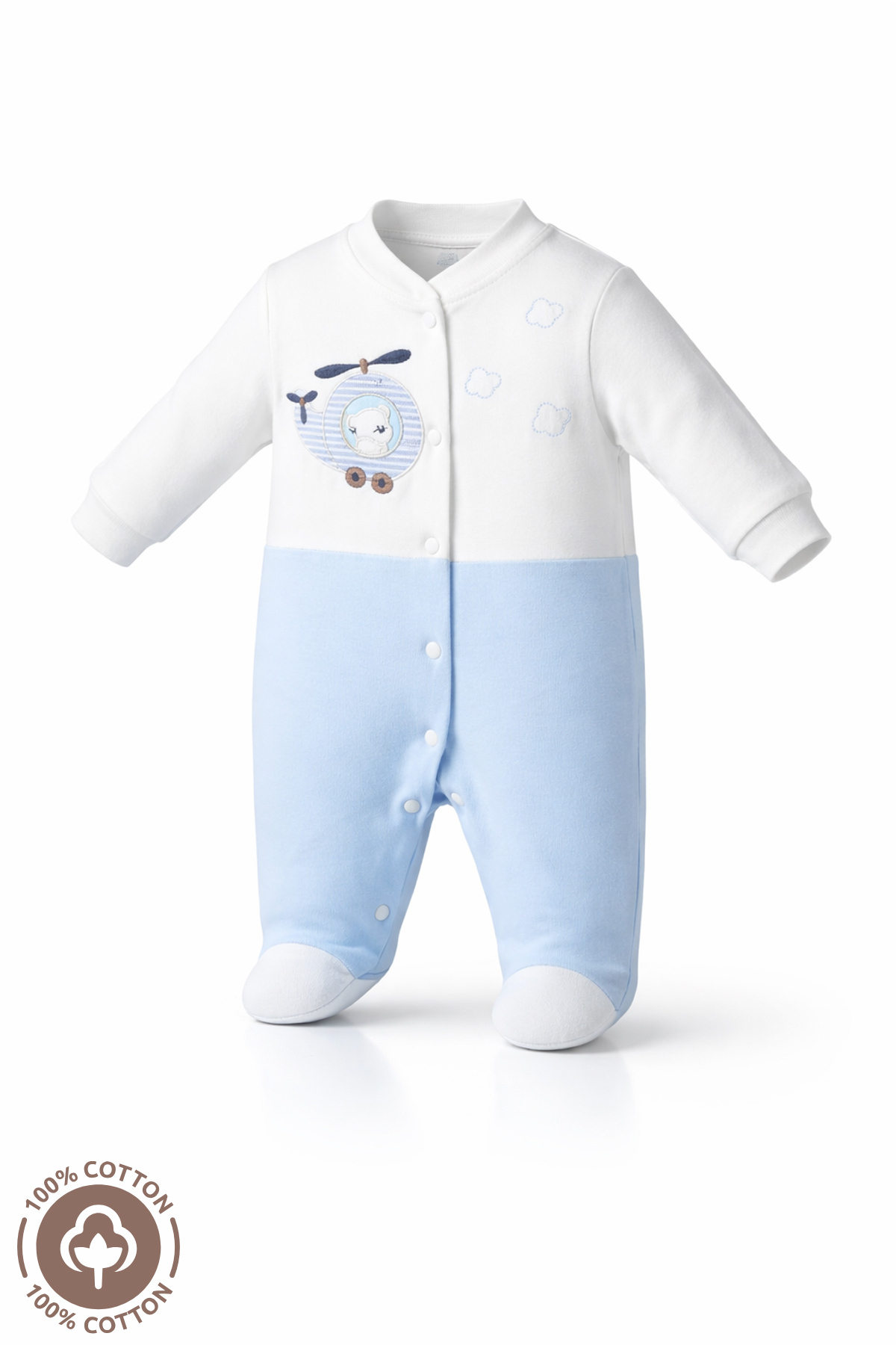 Miniel Erkek Bebek Ayıcık Nakışlı 3-6-9 Ay Penye Organik Pamuklu Patikli Bebek Tulum fotoğrafı 4 (önizleme)