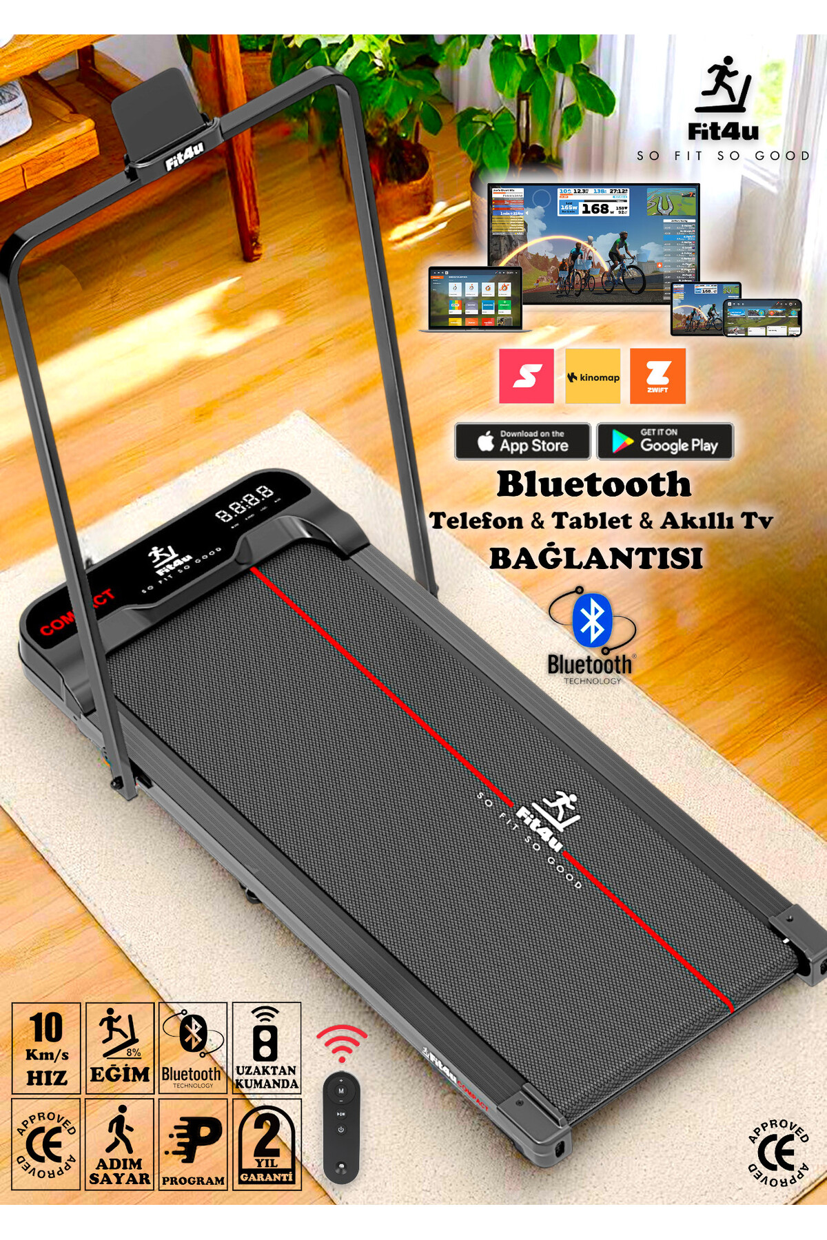 Fit4u Adımsayar, Program, Bluetooth, CE Belgeli, Eğim Ayarlı, Kumandalı, 10km Hız, Katlanabilir Koşu Bandı