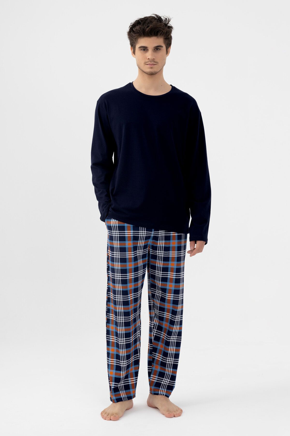 koza iç giyim Erkek Pamuklu Uzun Kollu Ekose Desenli Pijama Takımı