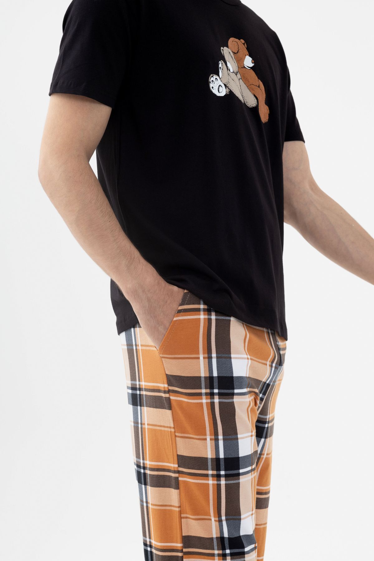 koza iç giyim  Erkek Kısa Kollu Pamuklu Ekose Desenli Ayıcık Baskılı Pijama Takımı - Görsel 6