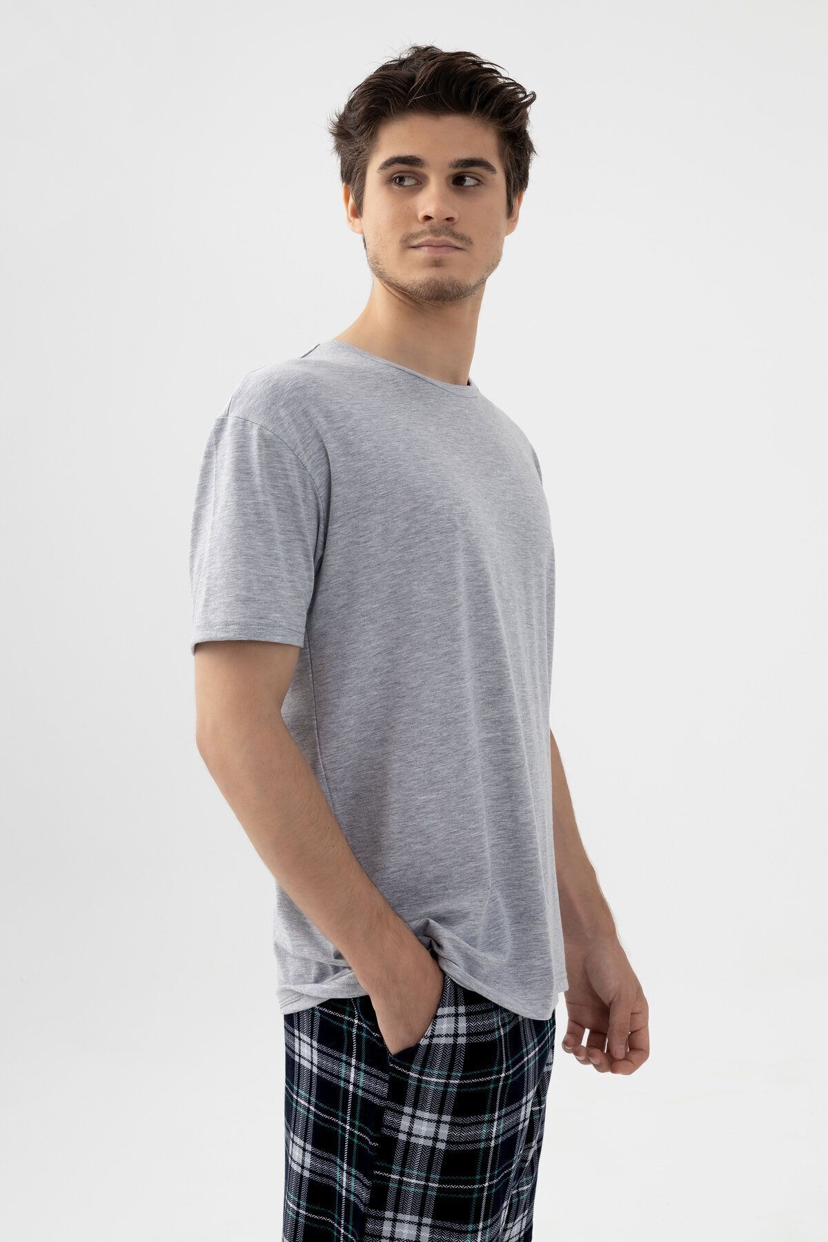 koza iç giyim  Erkek Gri Melanj Alt Desenli Şortlu Pijama Takımı