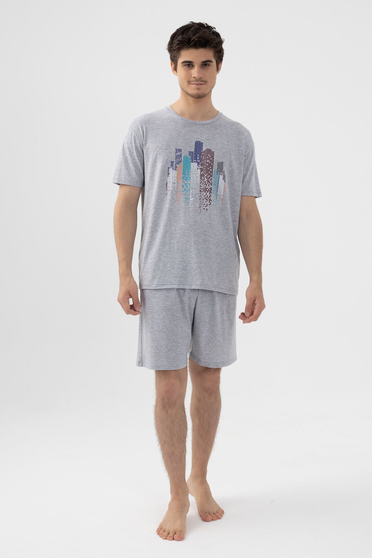koza iç giyim Erkek Gri Melanj Baskılı Şortlu Pijama Takımı görsel 4