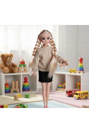 FEYSSHOP 29 cm Örgü Saçlı Şık Bebek - Triko Kazak ve Etekli Model Bebek