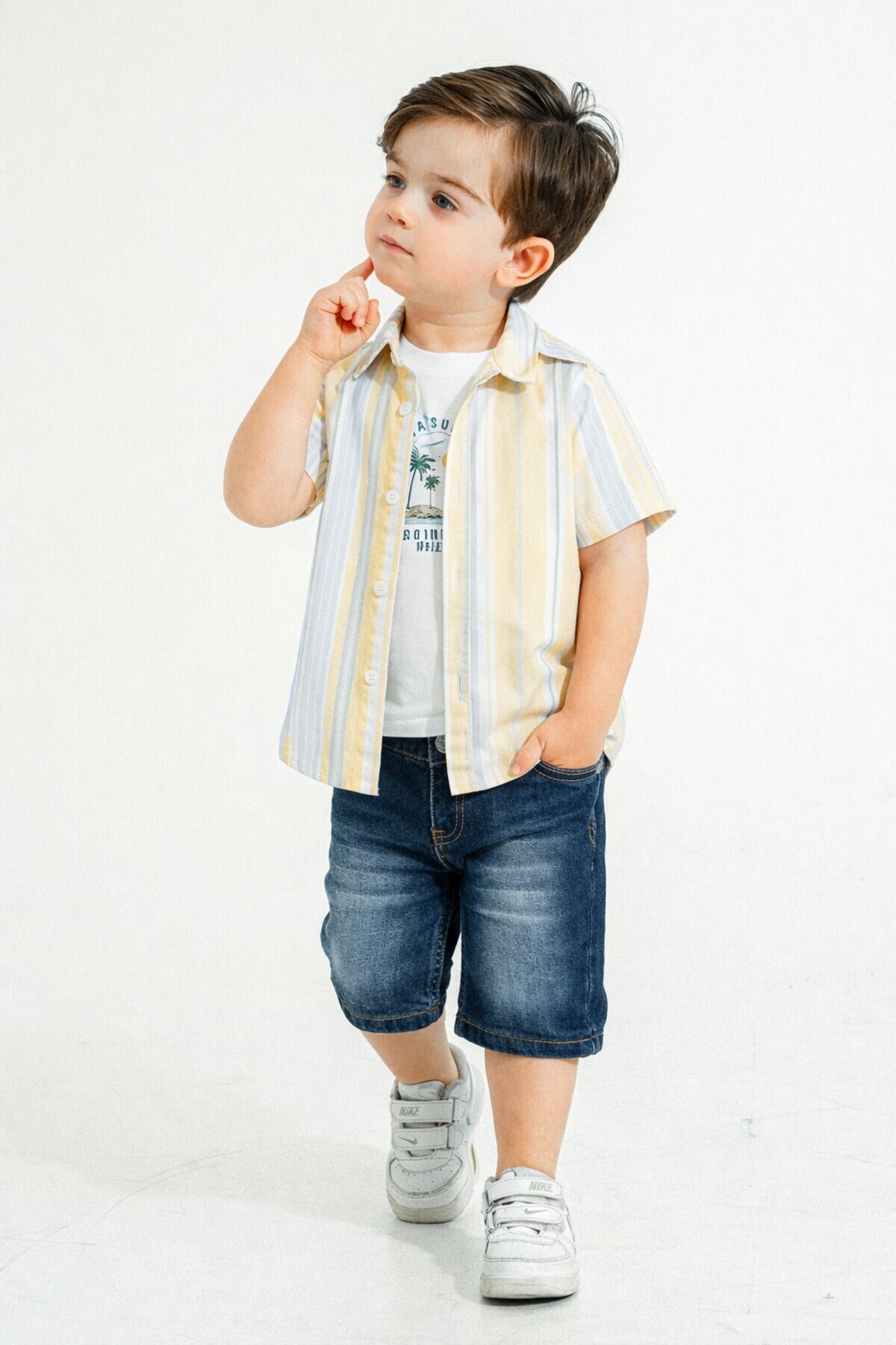 Chicsy Baby Tarz Gömlekli Çizgili Belden Ayarlanabilir Kısa Kollu Şortlu 3'lü Takım Çocuk ve Bebek Giyim Özel Gü fotoğrafı 2 (önizleme)