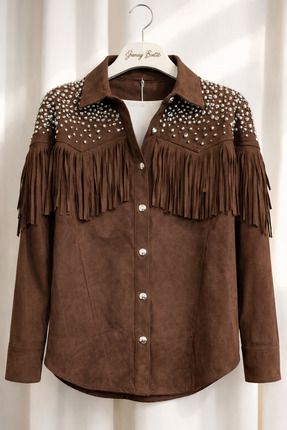 günay boutıque Çakma TAŞ Detaylı Süet Görünümlü Kahverengi Kadın Gömlek Ceket