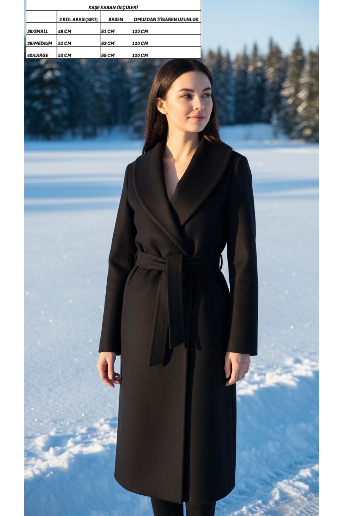 Moda Banuş  Kadın Kuşaklı Cepli Yırtmaçlı Astarlı Kaşe Siyah Kaban - Görsel 5