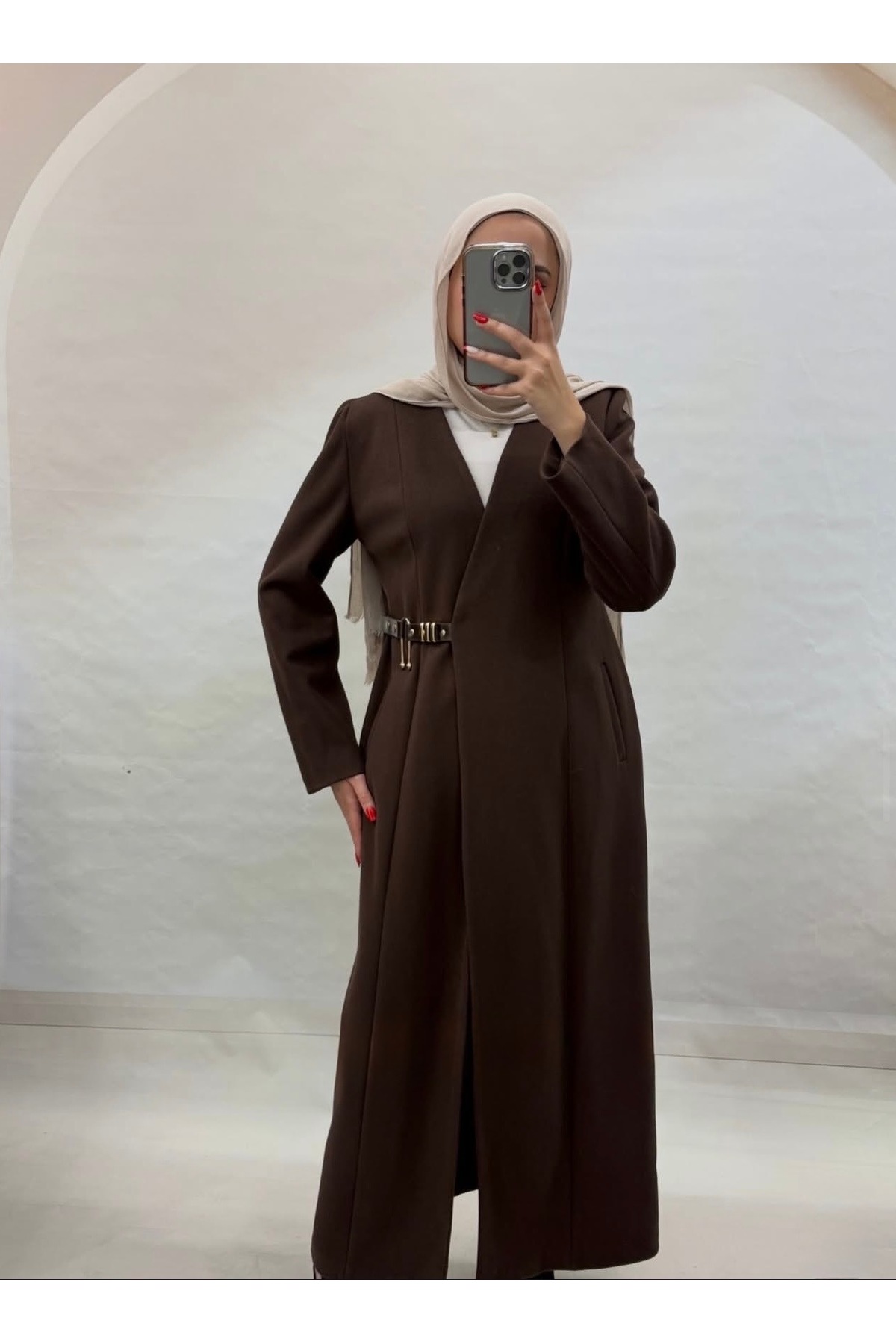 Abaya-AB  “Kışlık Kaşe Uzun Kahverengi mont– Tokalı Model, 38-46” - Görsel 4