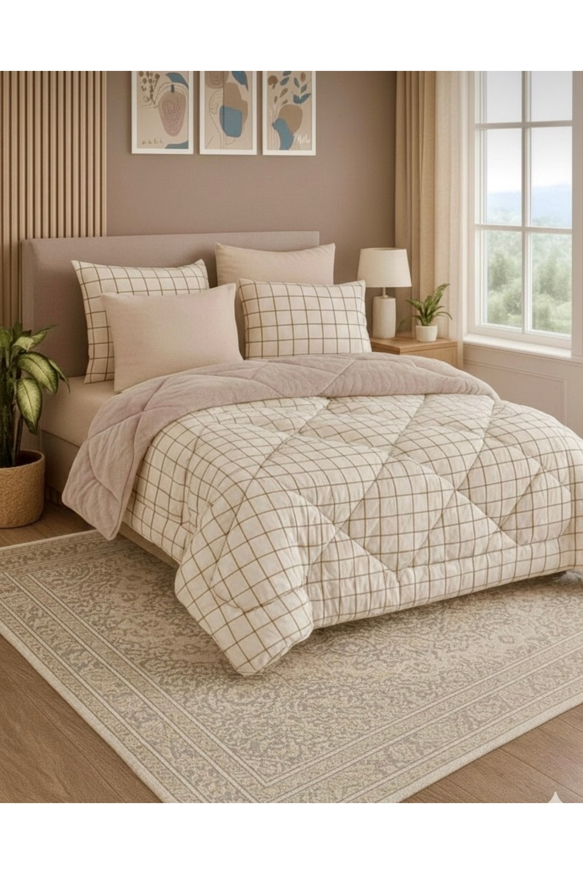 Double Welsoft Duvet Pufidik 6-Piece Sleeping Set (WITH ELASTIC SHEETS) Square Beige Ecose Pattern