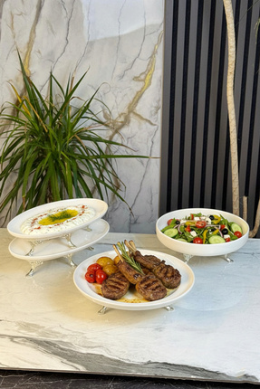 MAY HOME 4 Parça Porselen Sunum Seti &Metal Ayaklı Kase Kayık Tabak Servis Seti