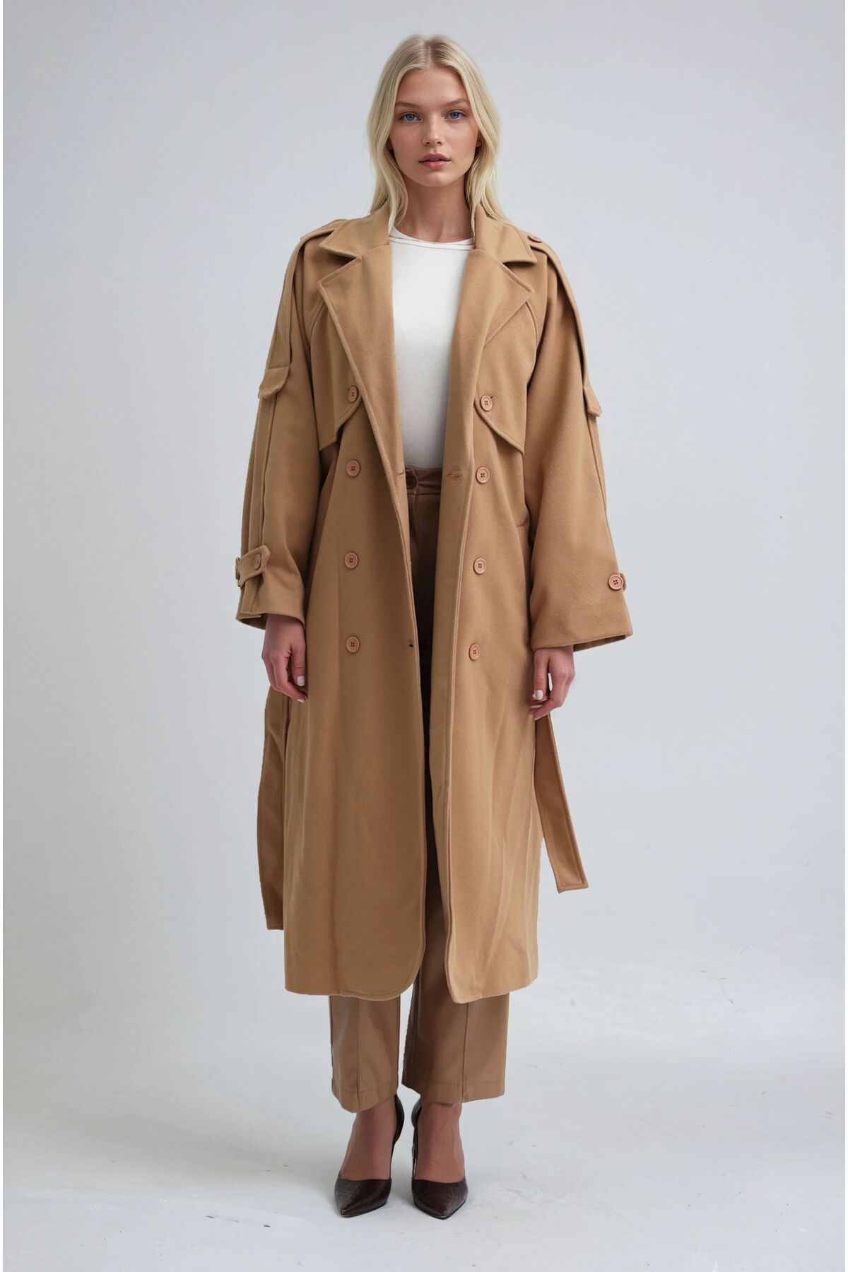 Lijuri  Kruvaze Yaka Kuşaklı Kaşe Kaban 7096 R8-F-K2 - Görsel 2