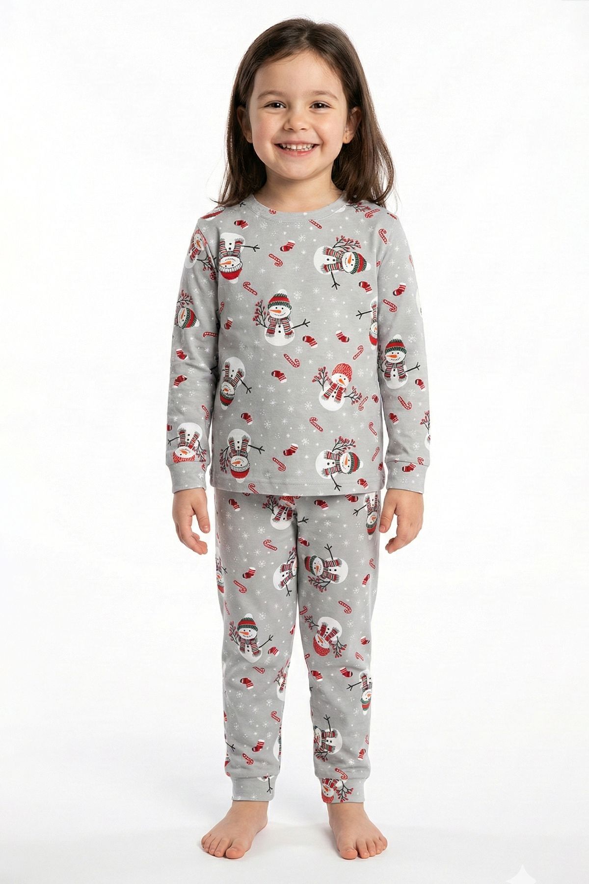 zuzunga Unisex Yılbaşı Temalı Cute Kardan Adam Desenli Çocuk Pijama Takımı fotoğrafı 3 (önizleme)