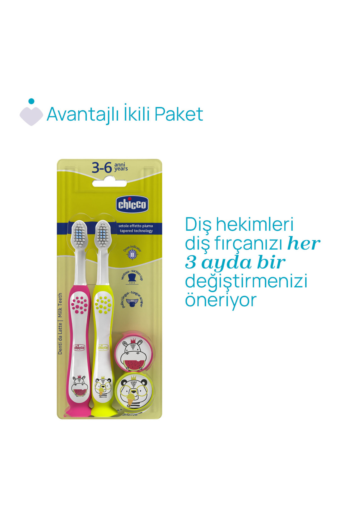 Chicco 2'Lİ DİŞ FIRÇASI 3-6 YAŞ HIPPO-PANDA fotoğrafı 7 (önizleme)
