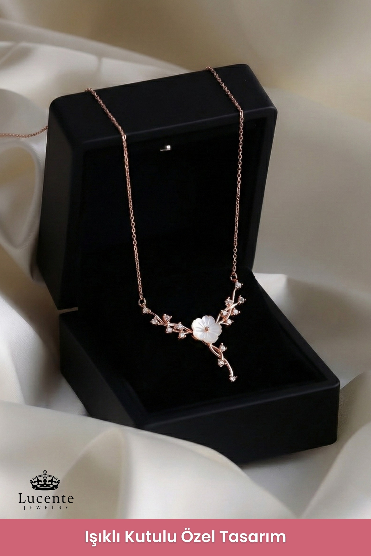 Lucente Jewellery Işıklı Hediye Kutulu Aşk Şans Bolluk Bereket ve Zarafetin Simgesi Luxury Serisi 925 Ayar Manolya Çiçeği Sarmaşık Gümüş Özel Gün Hediyesi Manolya Çiçekli 45 Cm Zincirli Küpe Hediyeli Şık Kadın Kolye görsel 4