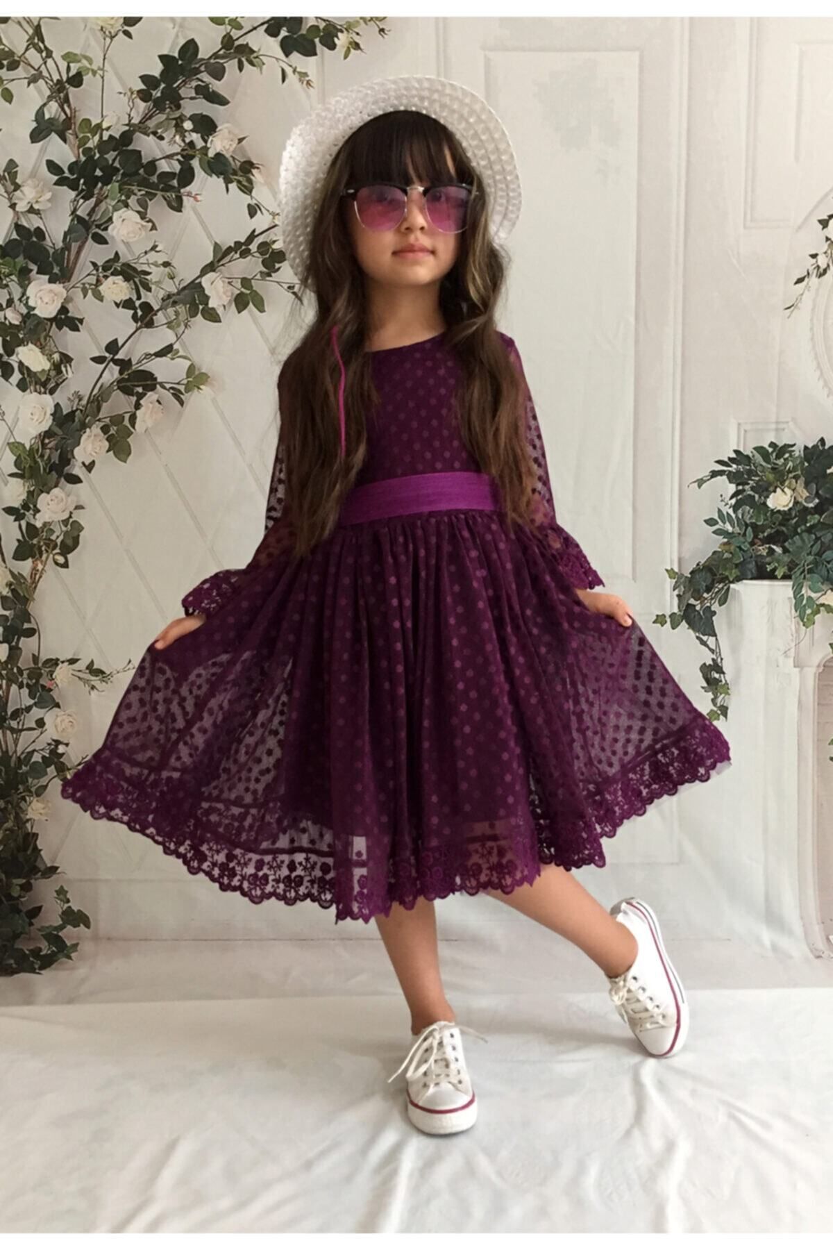 Delfini kids Kız Çoçuk Mor Şapkalı Güpürlü Prenses Model Elbise fotoğrafı 2 (önizleme)