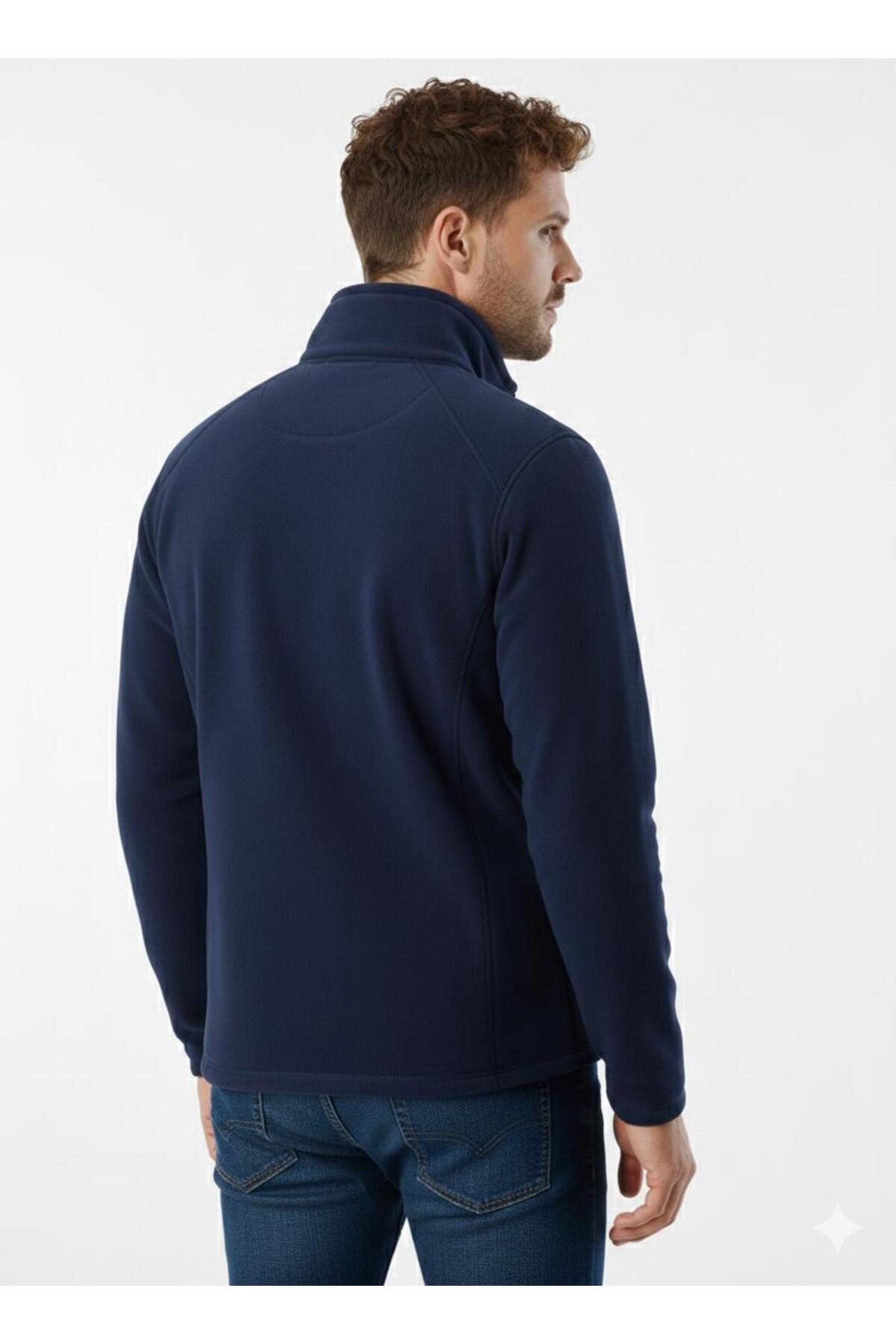 pandy  Lacivert Unisex Polar Tam Fermuarlı 3 Cepli Outdoor Polar Ceket - Görsel 4