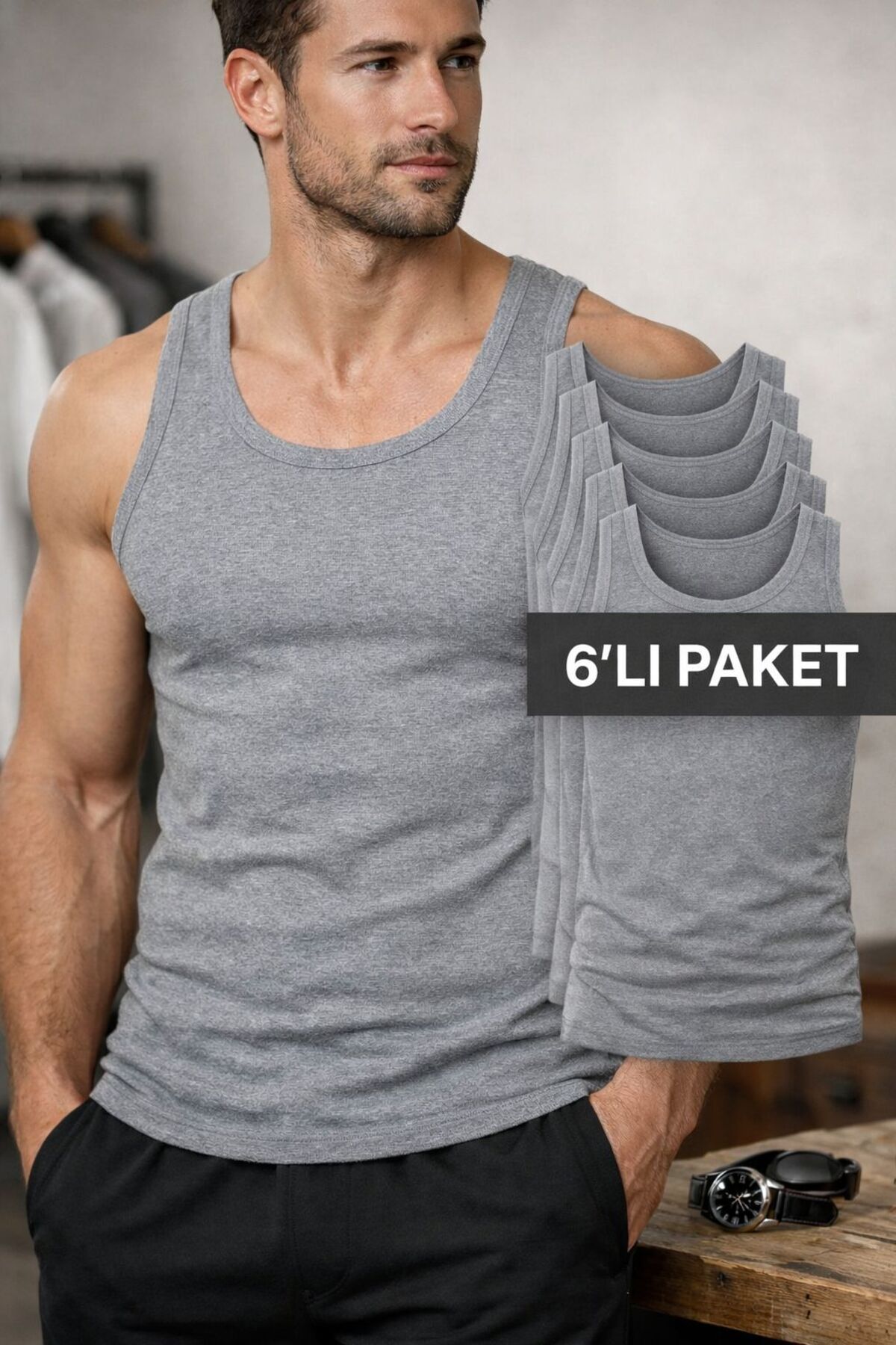 MOSTESS Gri Erkek Penye Atlet 6lı Paket Pamuk