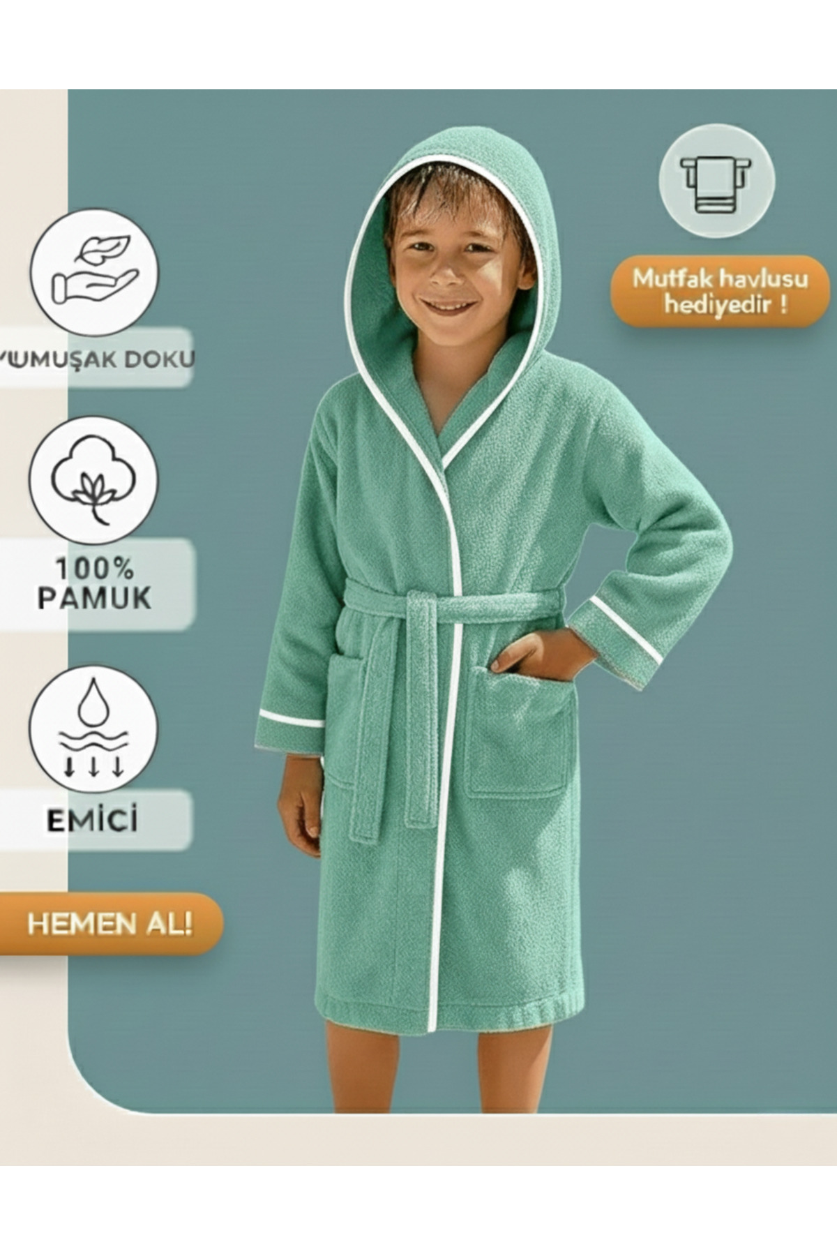 Layvera Kız-Erkek Çocuk Bornozu %100 Pamuk | Kapüşonlu – Cepli – Yumuşak – Biyeli – Mint Yeşil fotoğrafı 3 (önizleme)