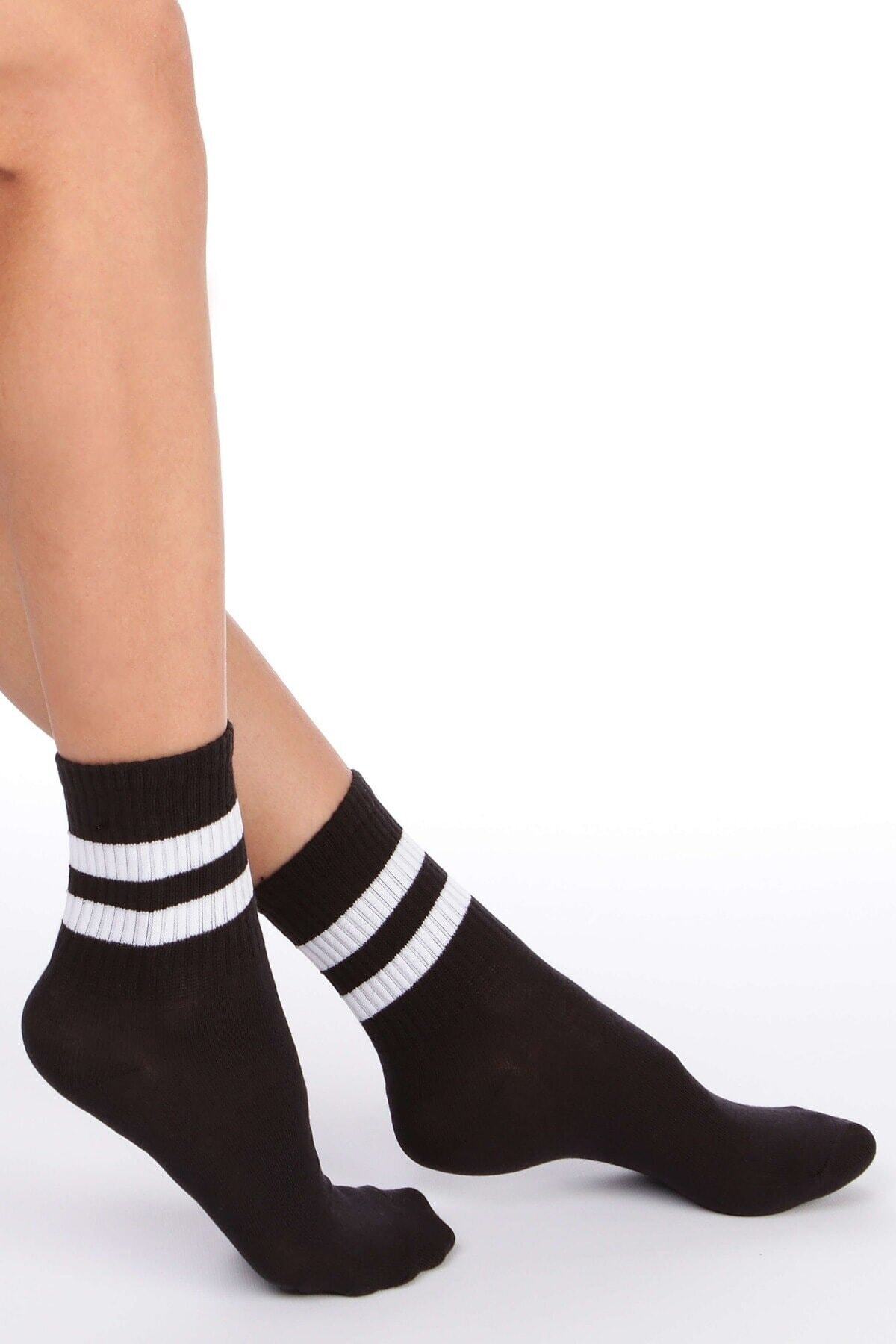 Meguca Socks Unisex Beyaz Çizgili Siyah Pamuklu Kolej Çorap Seti 5 Çift görsel 2
