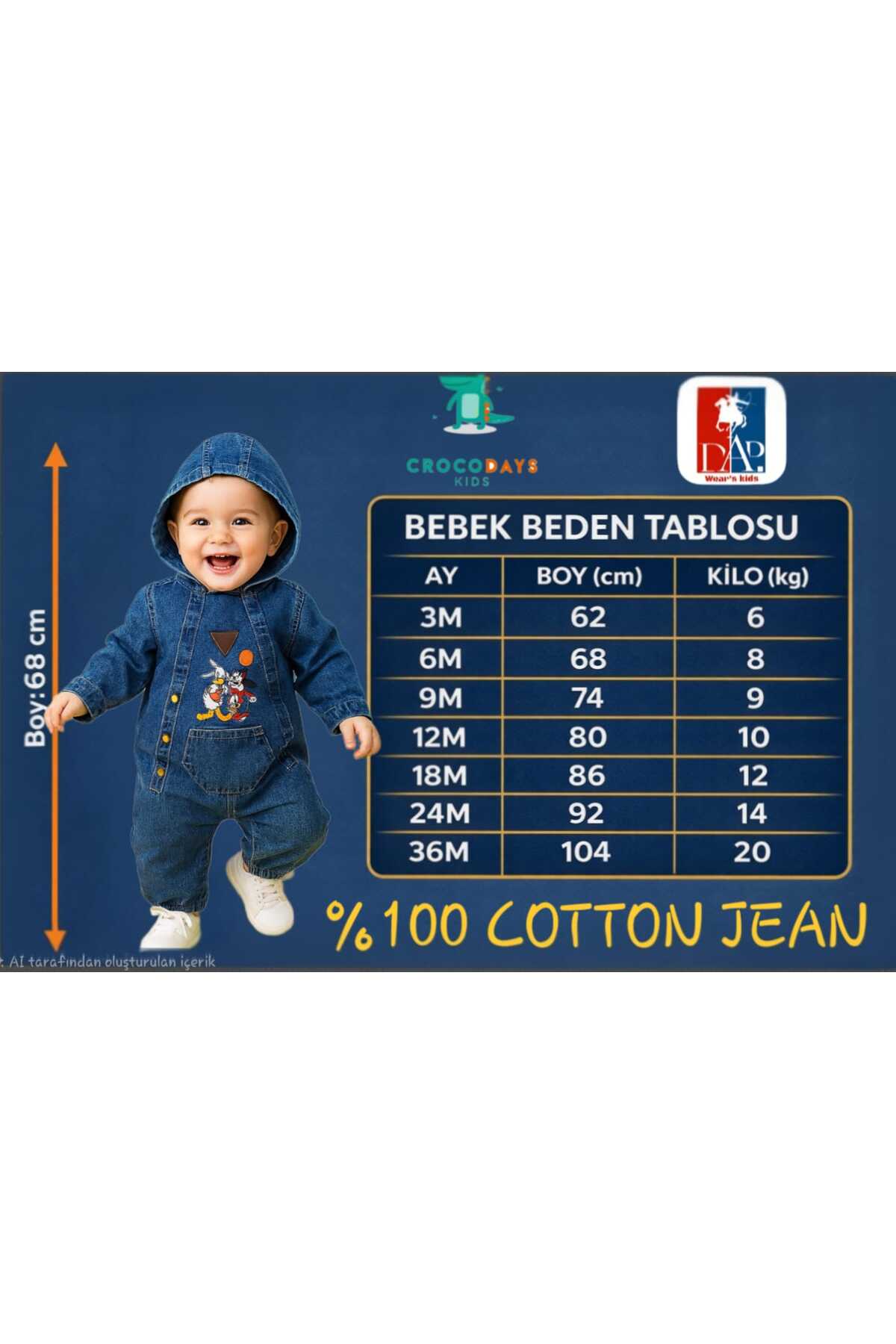 CROCODAYS Unisex Çocuk Bebek Kot (JEANS) Baskılı Kapşonlu Tulum (3/6/9/12/18/24) Ay fotoğrafı 4 (önizleme)