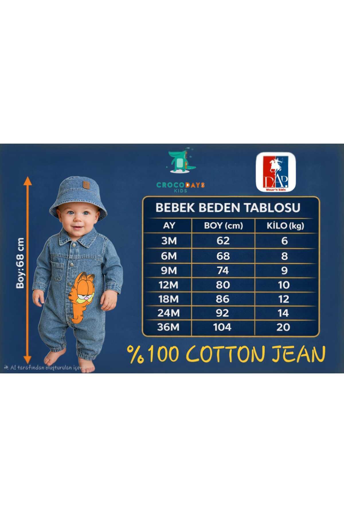 CROCODAYS Unisex Çocuk Bebek Kot (JEANS) Baskılı Şapkalı Tulum (3/6/9/12/18) Ay fotoğrafı 6 (önizleme)