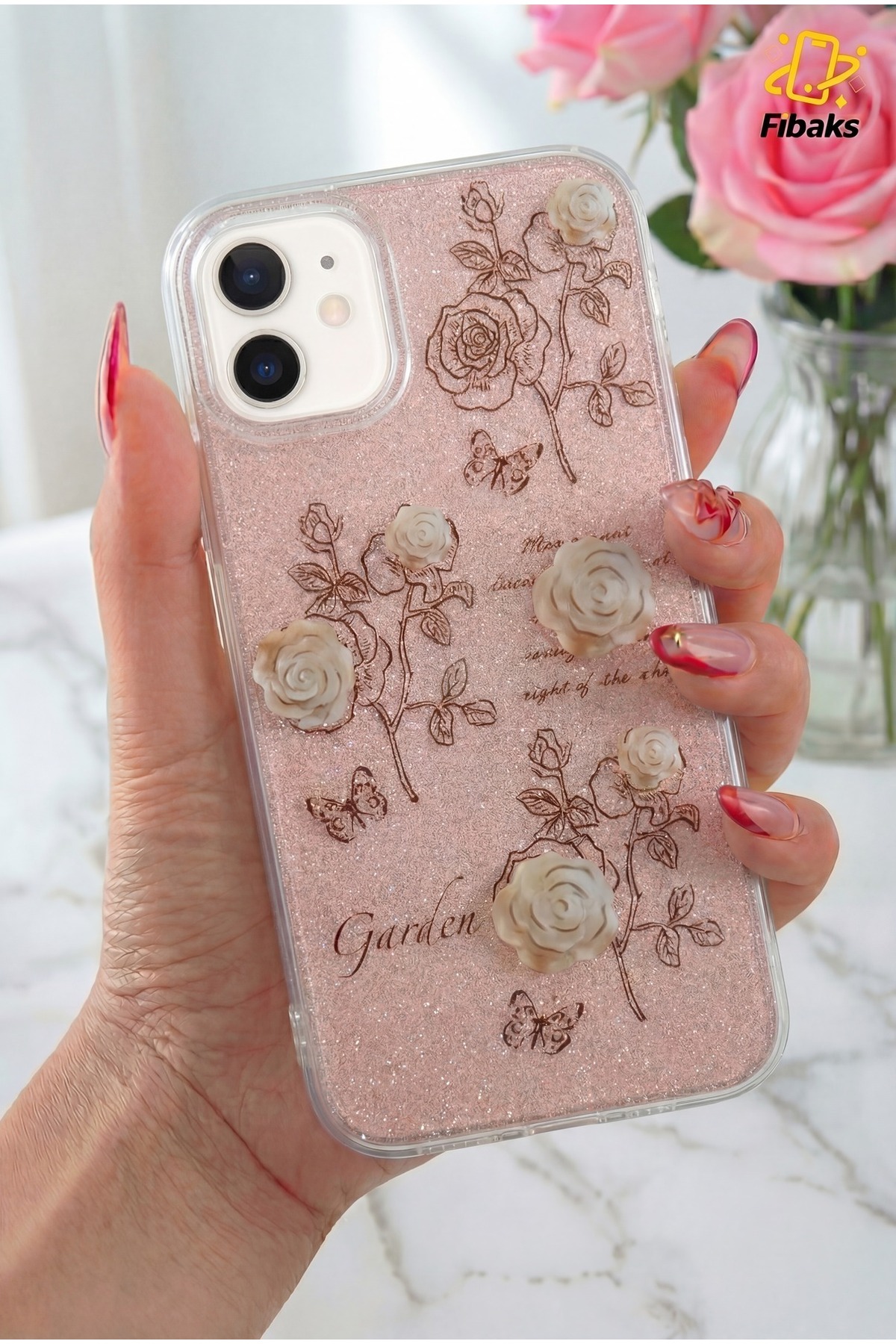 iPhone 11 Case Glitter White Rose Patterned Colorful Bright Shock Absorbing Cover