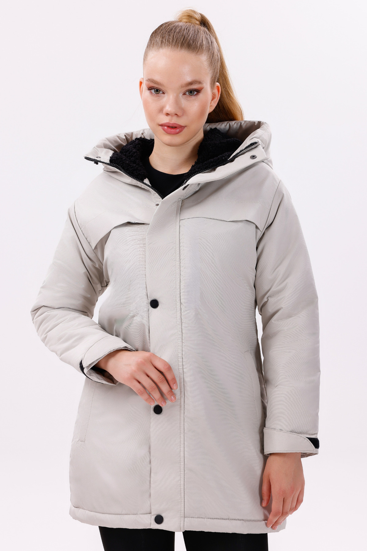 freemen  Kadın Taş Polarlı Kürklü Su Ve Rüzgar Geçirmez Kapüşonlu Kışlık Regülar Kalıp Mont & Kaban & Parka - Görsel 4