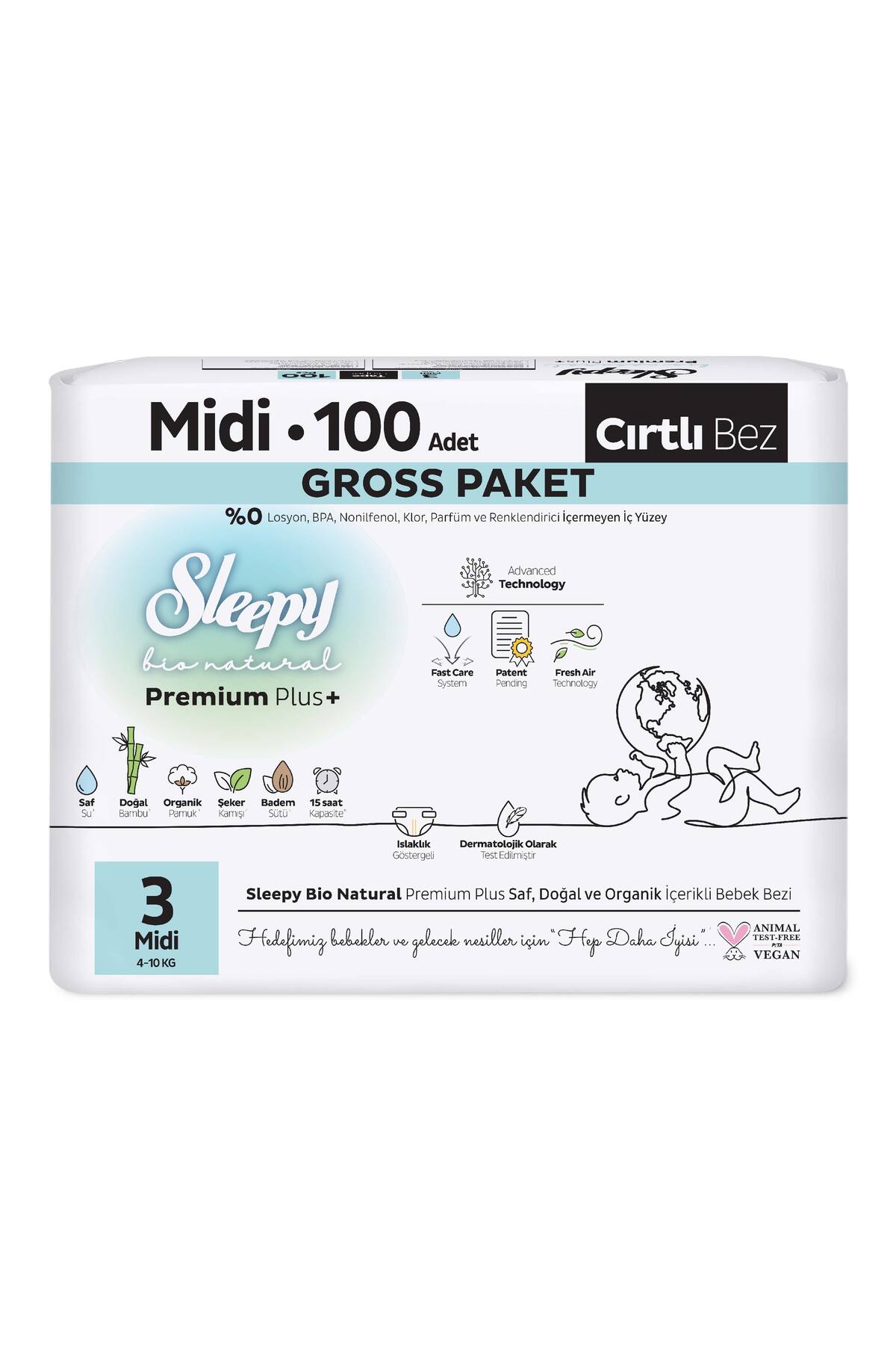 Sleepy Bio Natural Premium Plus Gross Paket Bebek Bezi 3 Numara Midi 100 Adet fotoğrafı 2 (önizleme)