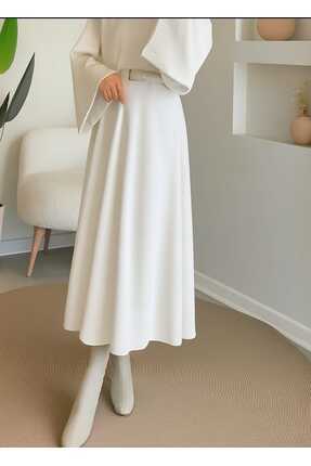 miss ledonna Kadın Puf Scuba Beyaz Tesettür Kloş Etek