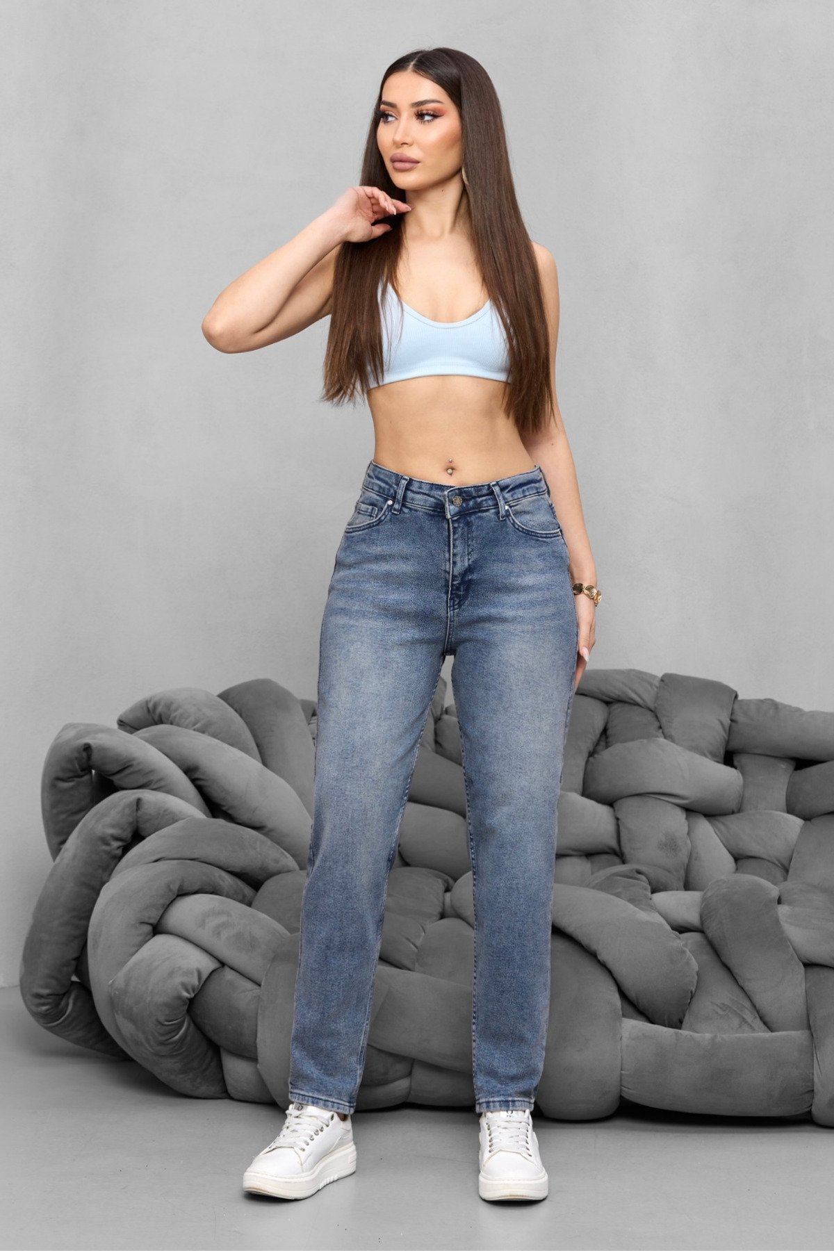 Kadın Yüksek Bel Likralı Yumuşak dokulu Comfort Mom Jeans Gök Mavi 7