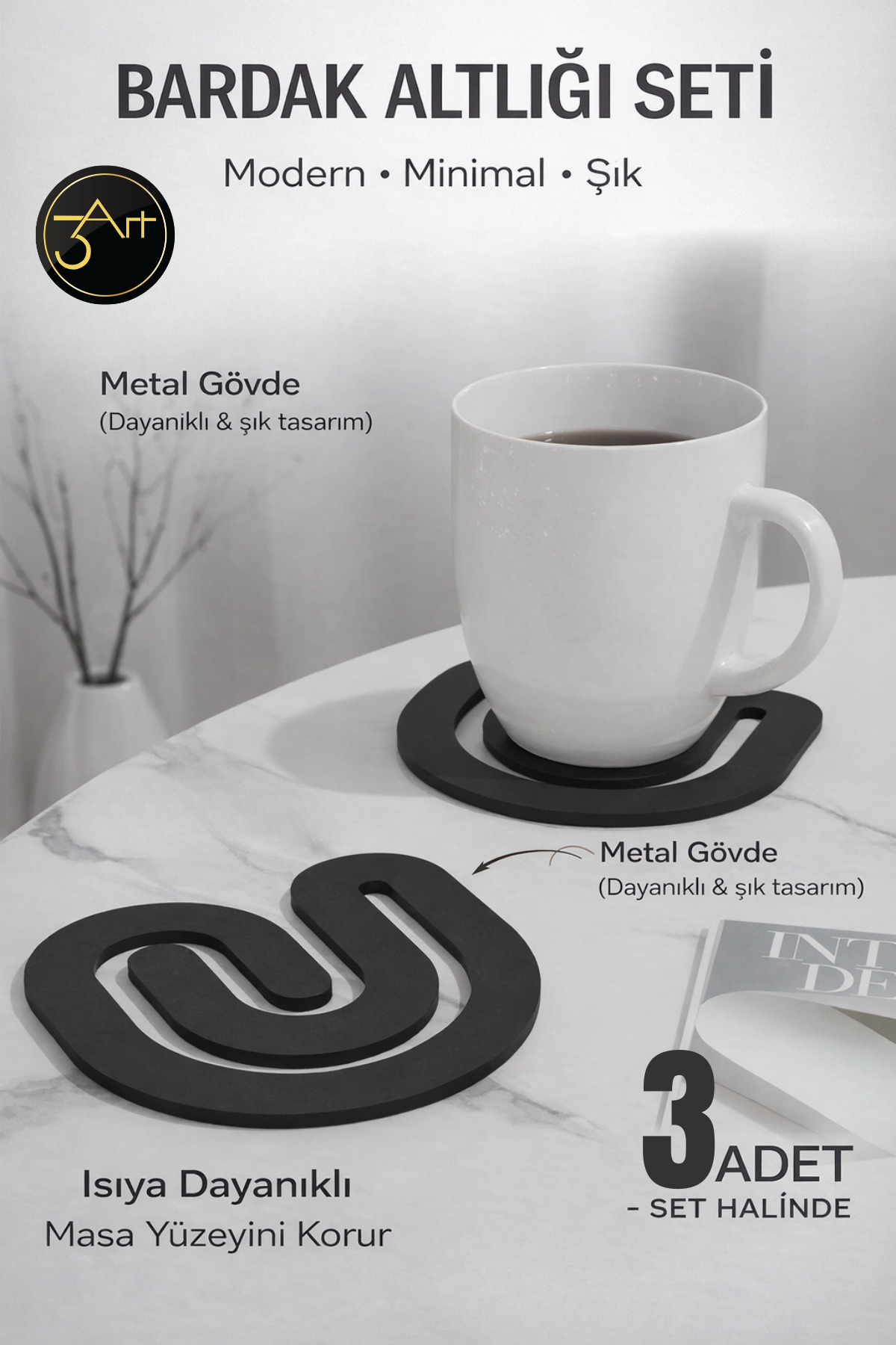 Metal Coaster Set 3-Piece – Heat Resistant, Modern & Minimal Design Table Protector