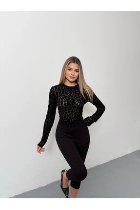 ZAWẼN ZAWĒN Kadın Tül Kabartmalı Leopar Desenli Bluz – Yeni Sezon