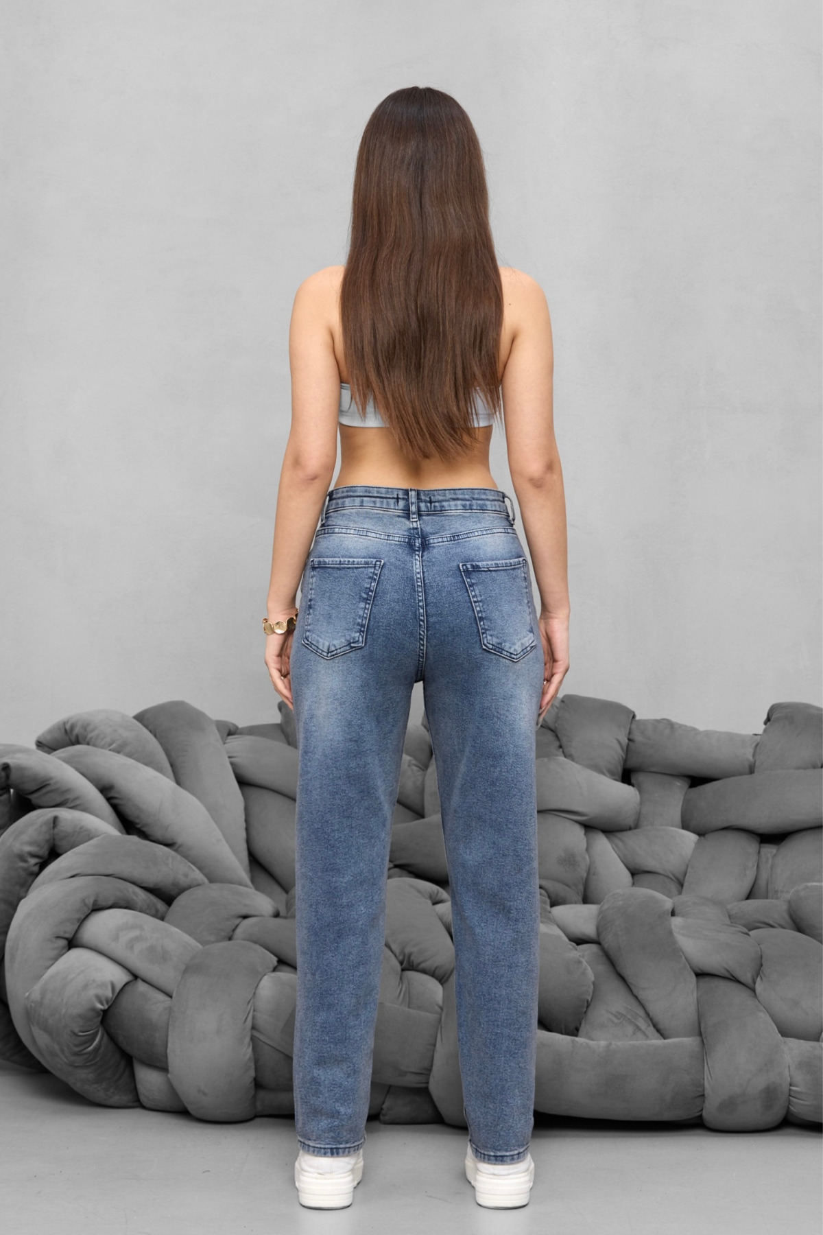 Kadın Yüksek Bel Likralı Yumuşak dokulu Comfort Mom Jeans Gök Mavi 4