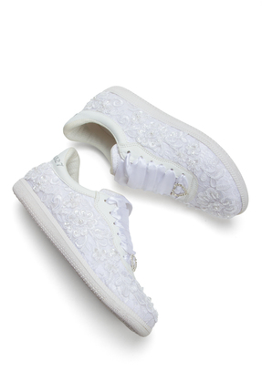 Stilo Gelinlik Ayakkabısı Abiye , Dantel İşlemeli Beyaz Konforlu Düz Taban Br...