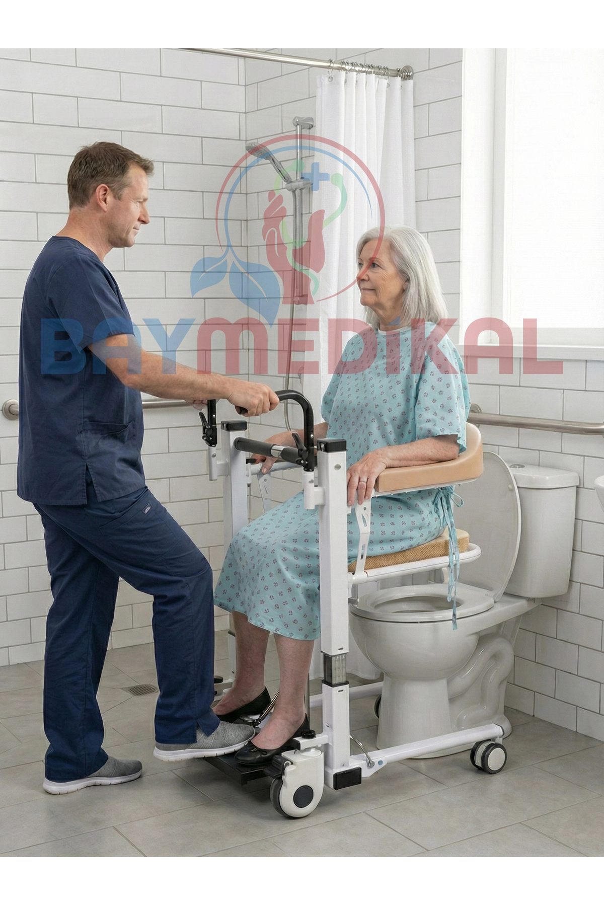 Baymedikal Hidrolikli Klozetli Transfer Sandalyesi | Manuel, Ayak Pedallı, Katlanabilir Tasarım Kare Şaşe