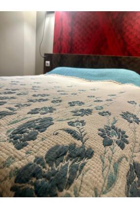 novastrend Mavi/Bej Çiçek Desenli Çift Kişilik Pamuklu Müslin Yatak Örtüsü/Pike