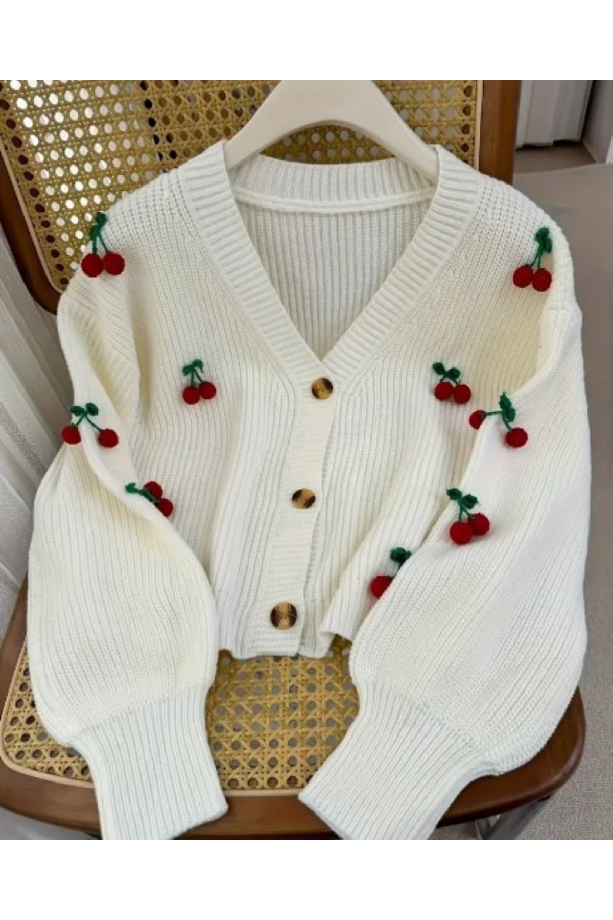 MODA BORSASI Jachetă pulover cu nasturi, cu decolteu în V, cu model de cireșe...