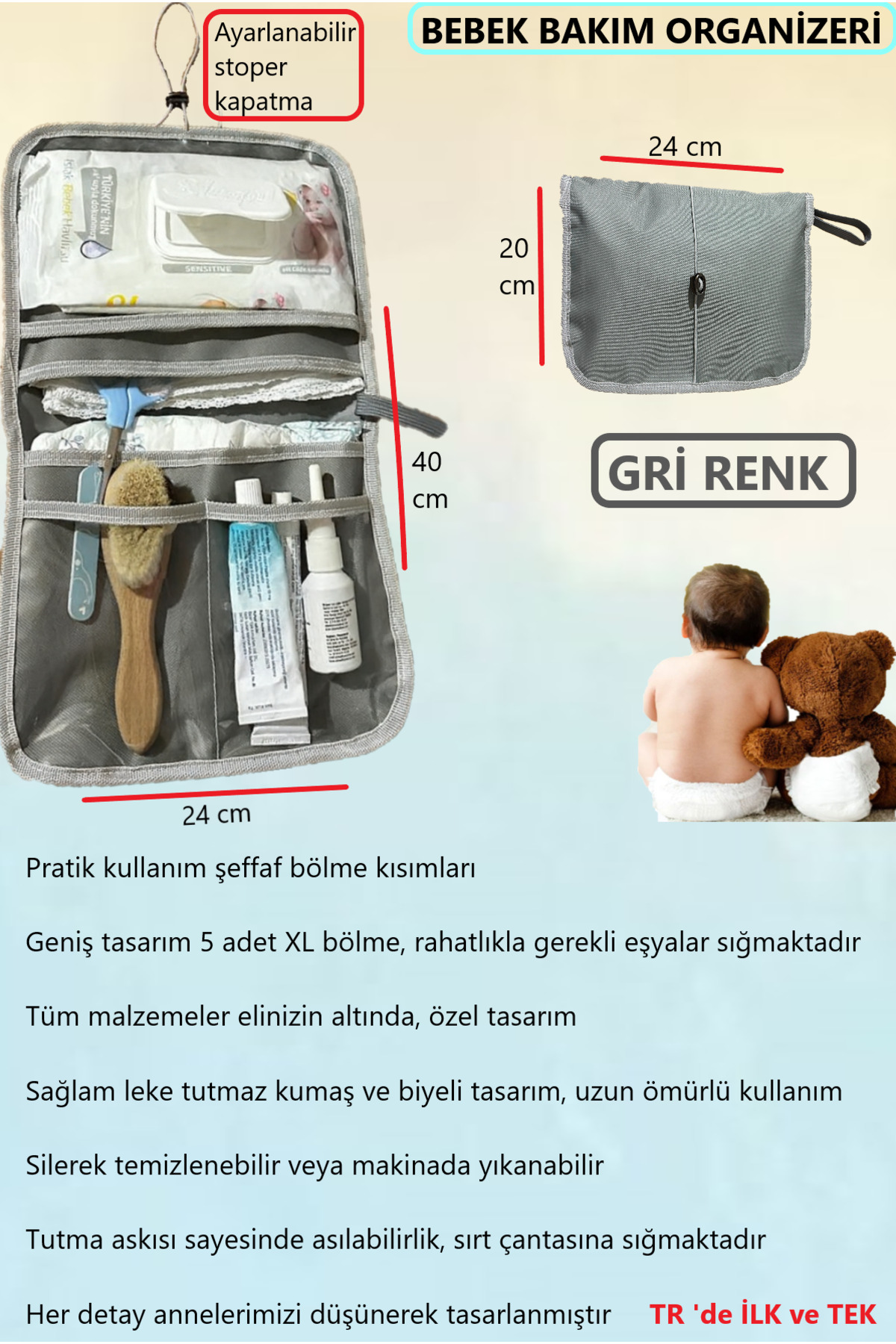 ALİTA TEXTILE Anne Bebek Çantası, Bebek Alt Açma Bakım Çantası, Bebek Alt Değiştirme, Yenidoğan Alt Açma Organizer fotoğrafı 3 (önizleme)
