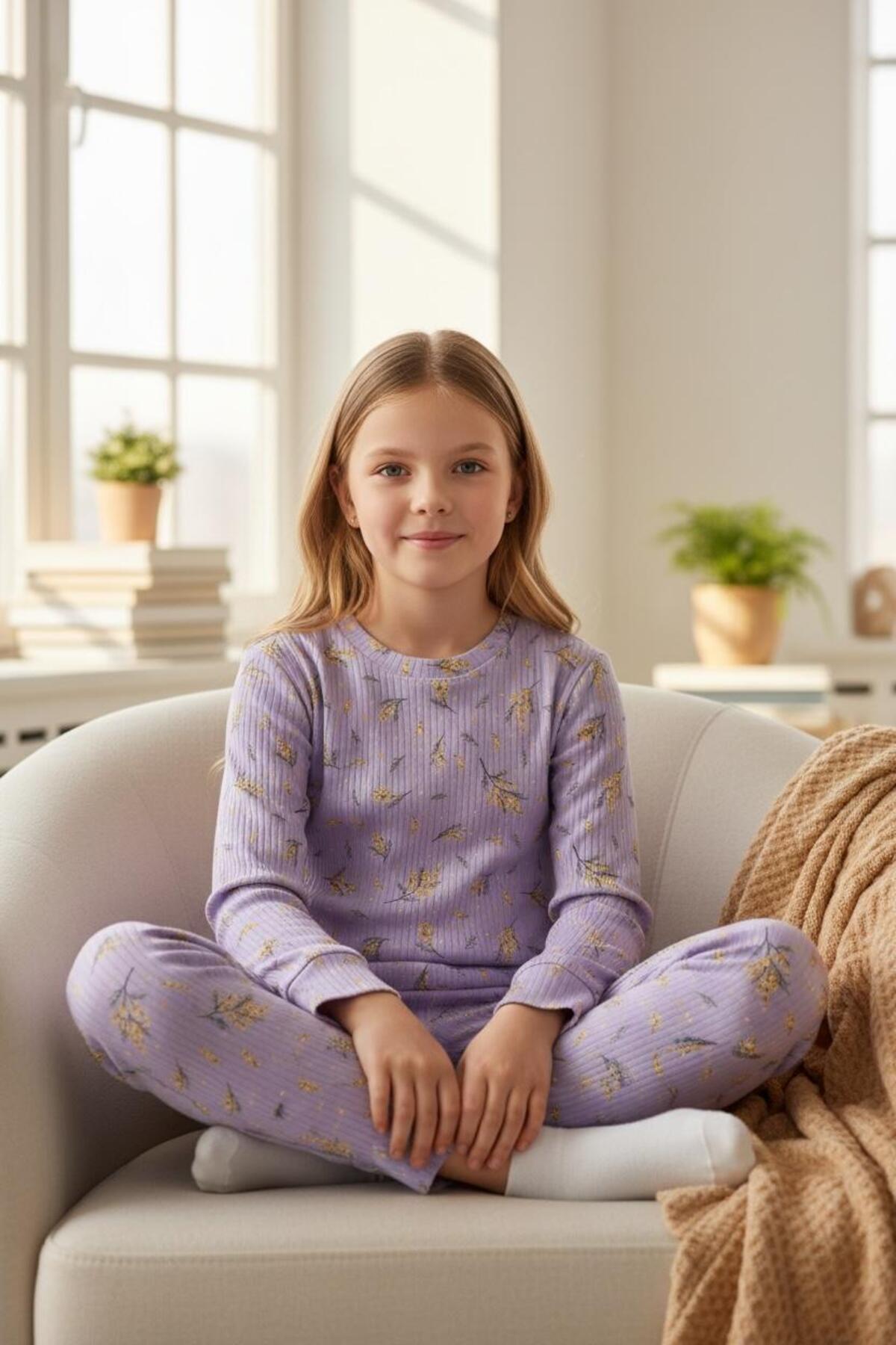 İsobel Kids LİLA ÇİÇEK DESENLİ %100 PAMUK FİTİLLİ KUMAŞ KIZ ÇOCUK PİJAMA TAKIMI fotoğrafı 3 (önizleme)