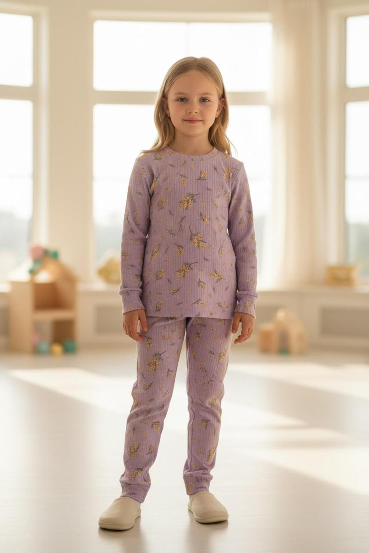 İsobel Kids LİLA ÇİÇEK DESENLİ %100 PAMUK FİTİLLİ KUMAŞ KIZ ÇOCUK PİJAMA TAKIMI fotoğrafı 2 (önizleme)